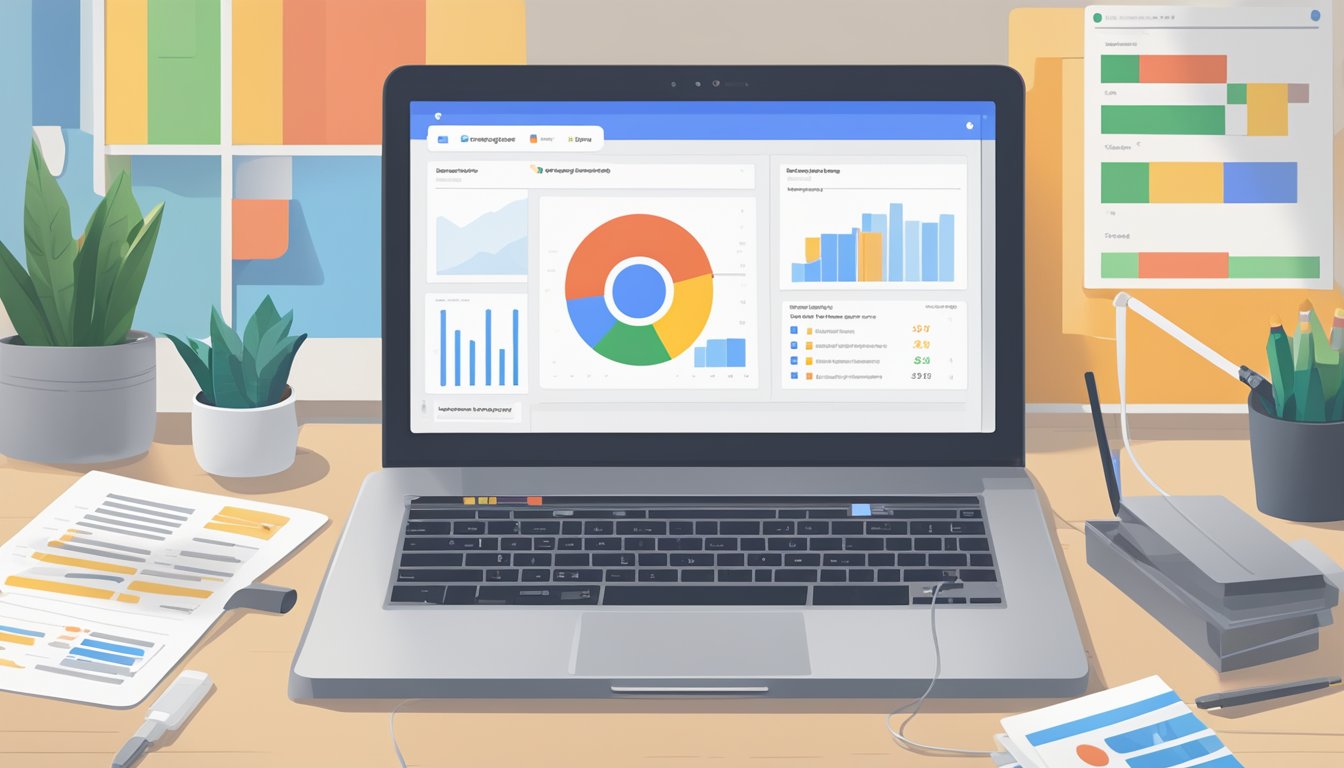 En bærbar datamaskin åpen for et Google Tag Manager-dashbord, med forskjellige datapunkter og merker vist på skjermen
