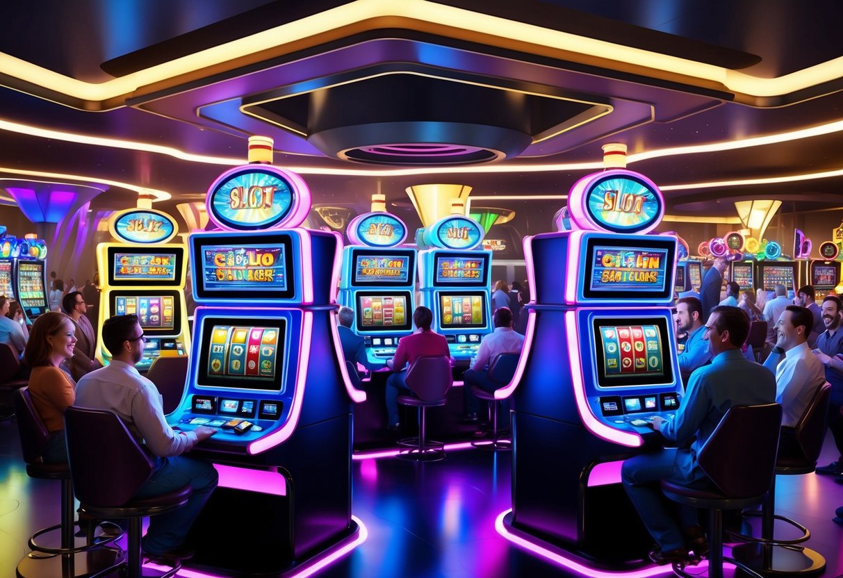 Colorful and flashing slot machines fill a futuristic casino, surrounded by excited customers. The room is animated by a palpable energy and the sound of spinning reels.