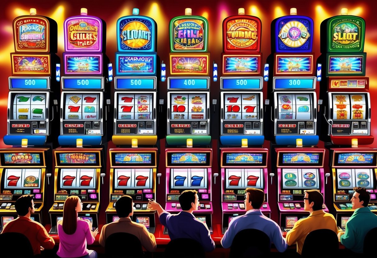 A colorful range of slot machines with various themes and designs, surrounded by excited players and flashing lights.