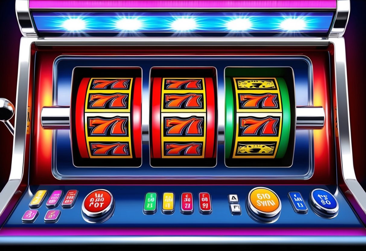 A colorful casino slot machine with flashing lights and spinning reels