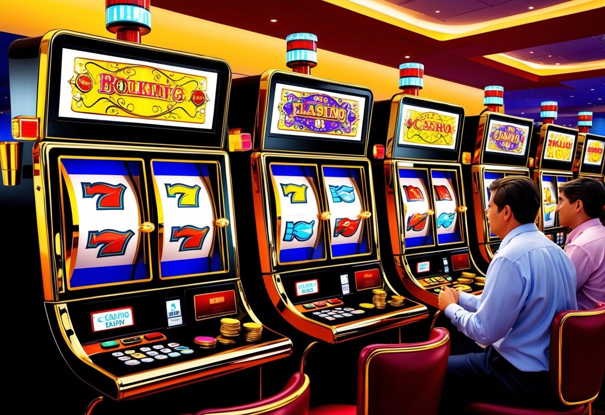 Colorful slot machines in a casino, flashing lights and spinning reels, with people playing and coins clinking.