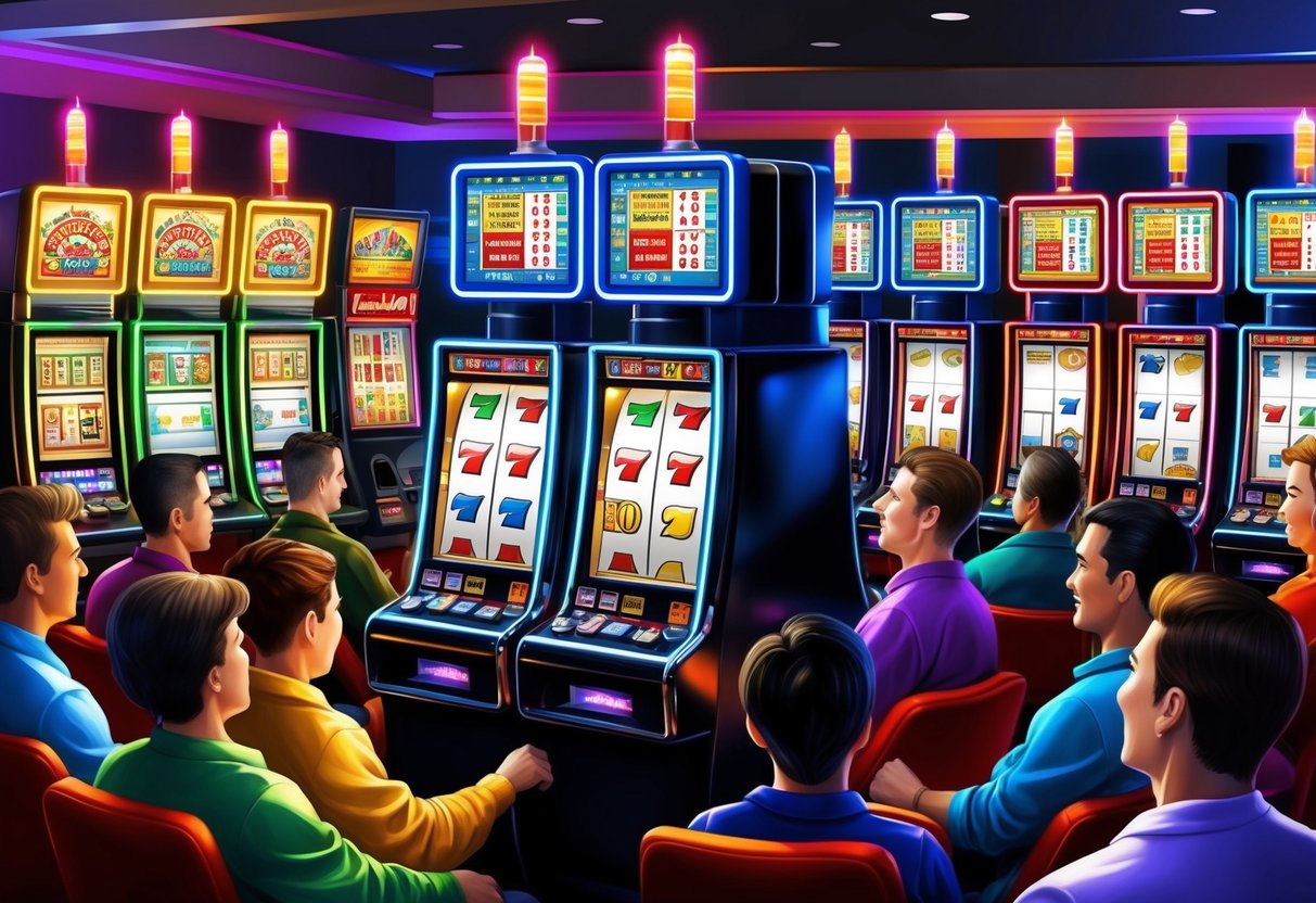 A colorful range of slot machines with flashing lights and spinning reels, surrounded by eager players trying their luck without making a deposit.