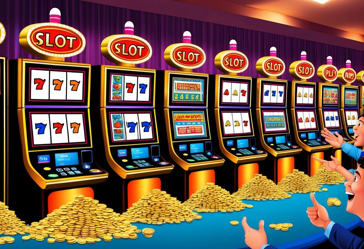 A colorful range of slot machines with flashing lights and spinning reels, surrounded by excited players and piles of coins.