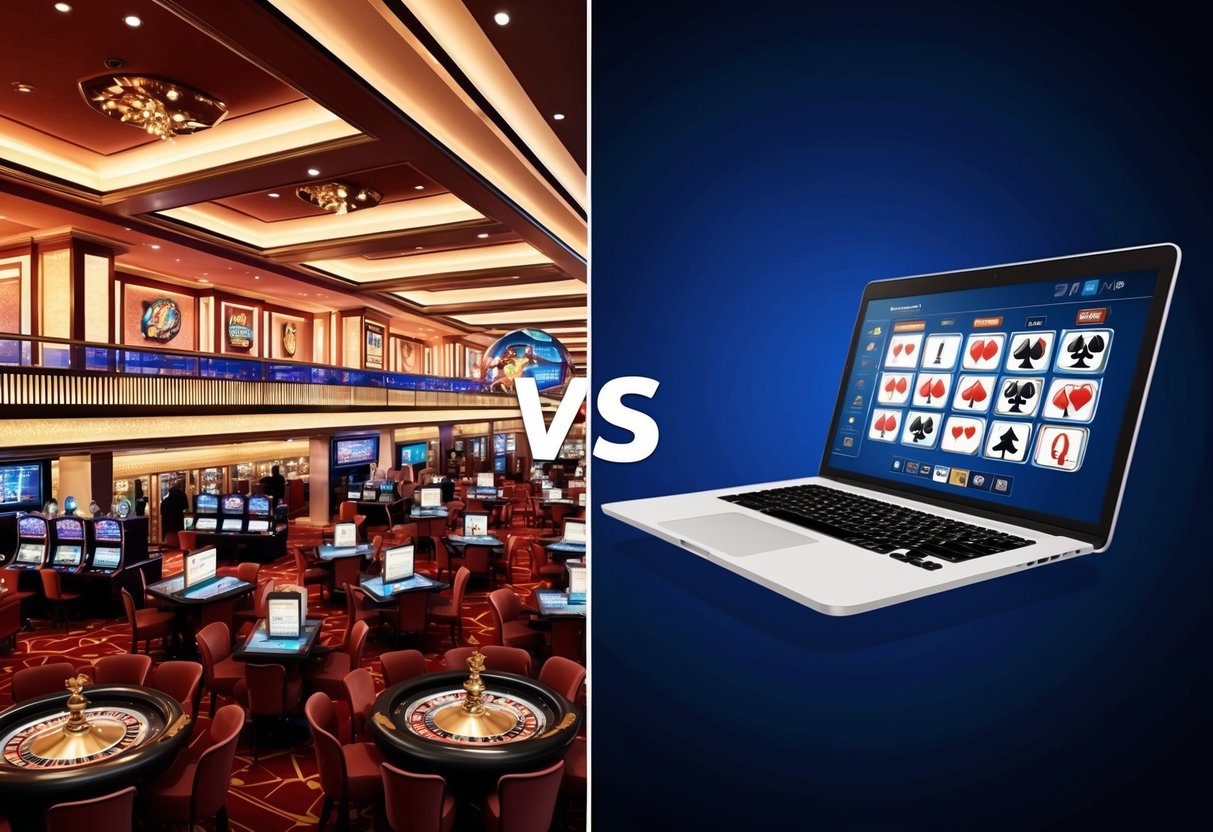 A lively brick-and-mortar physical casino contrasted with a sleek online casino interface