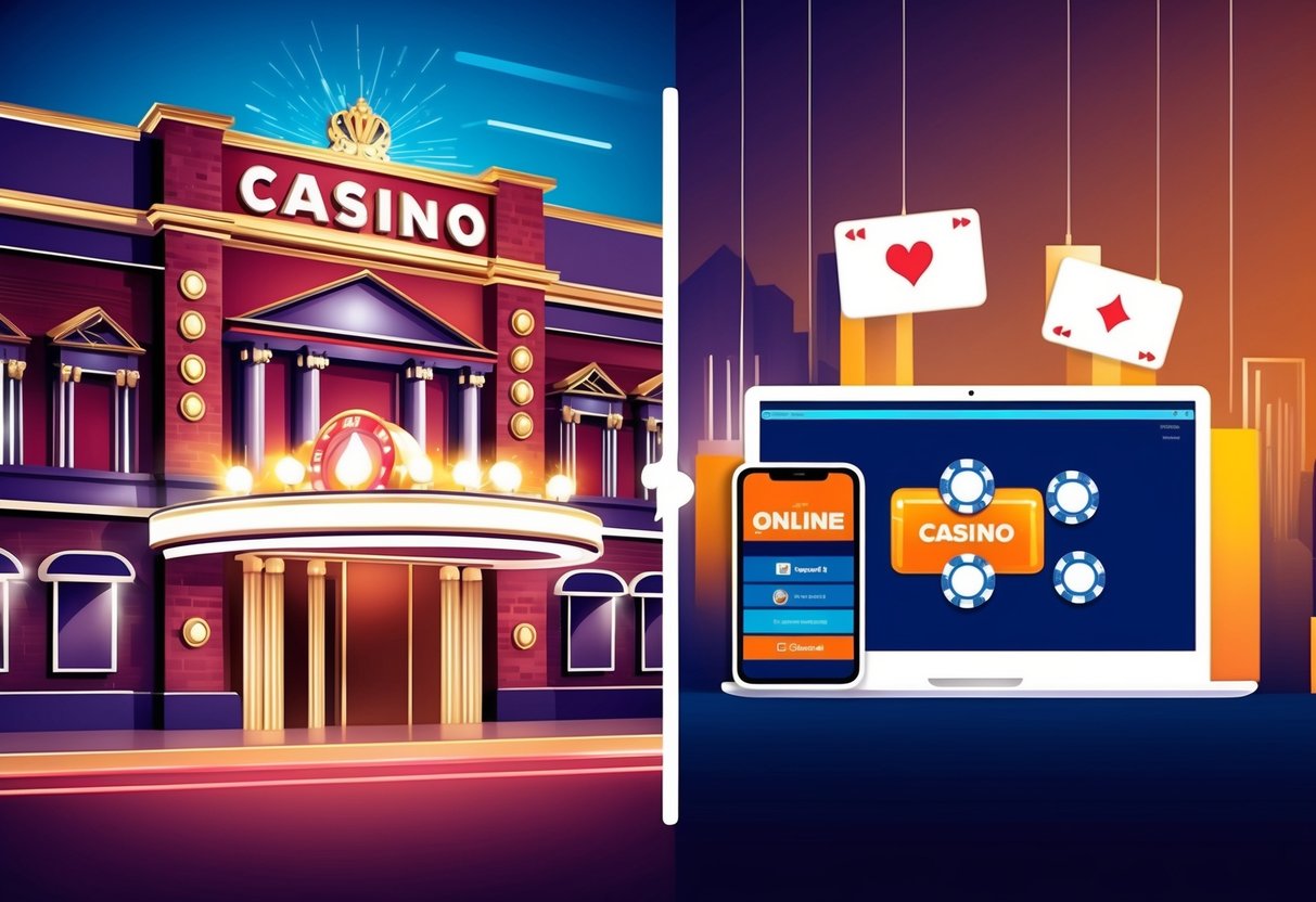 A physical casino with a grand entrance and flashing lights contrasted with an online casino accessible through a digital device.