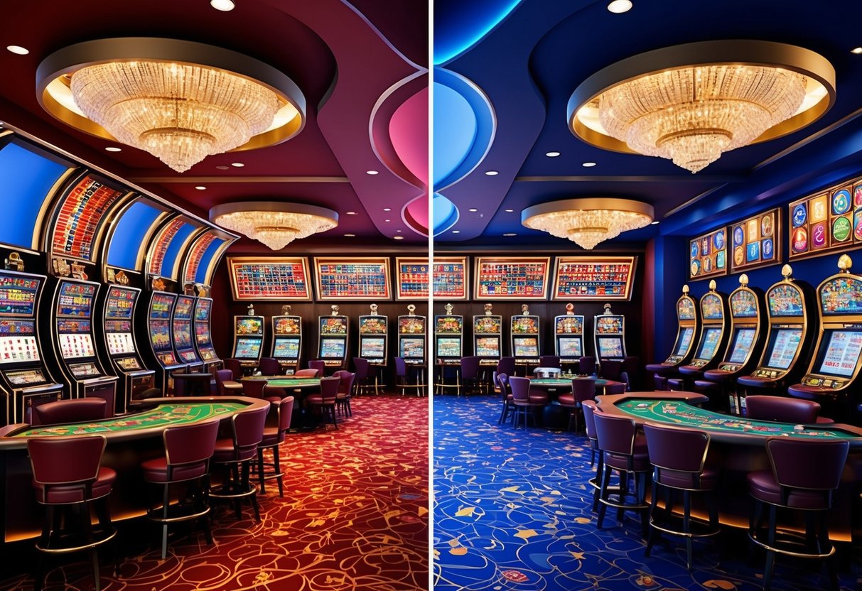 A bustling physical casino contrasted with an elegant online casino, offering a variety of games and selections.