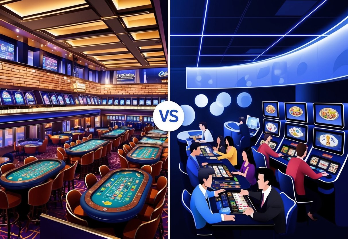 A lively brick-and-mortar casino contrasts with an elegant, modern online casino, highlighting the different experiences of players in each environment.