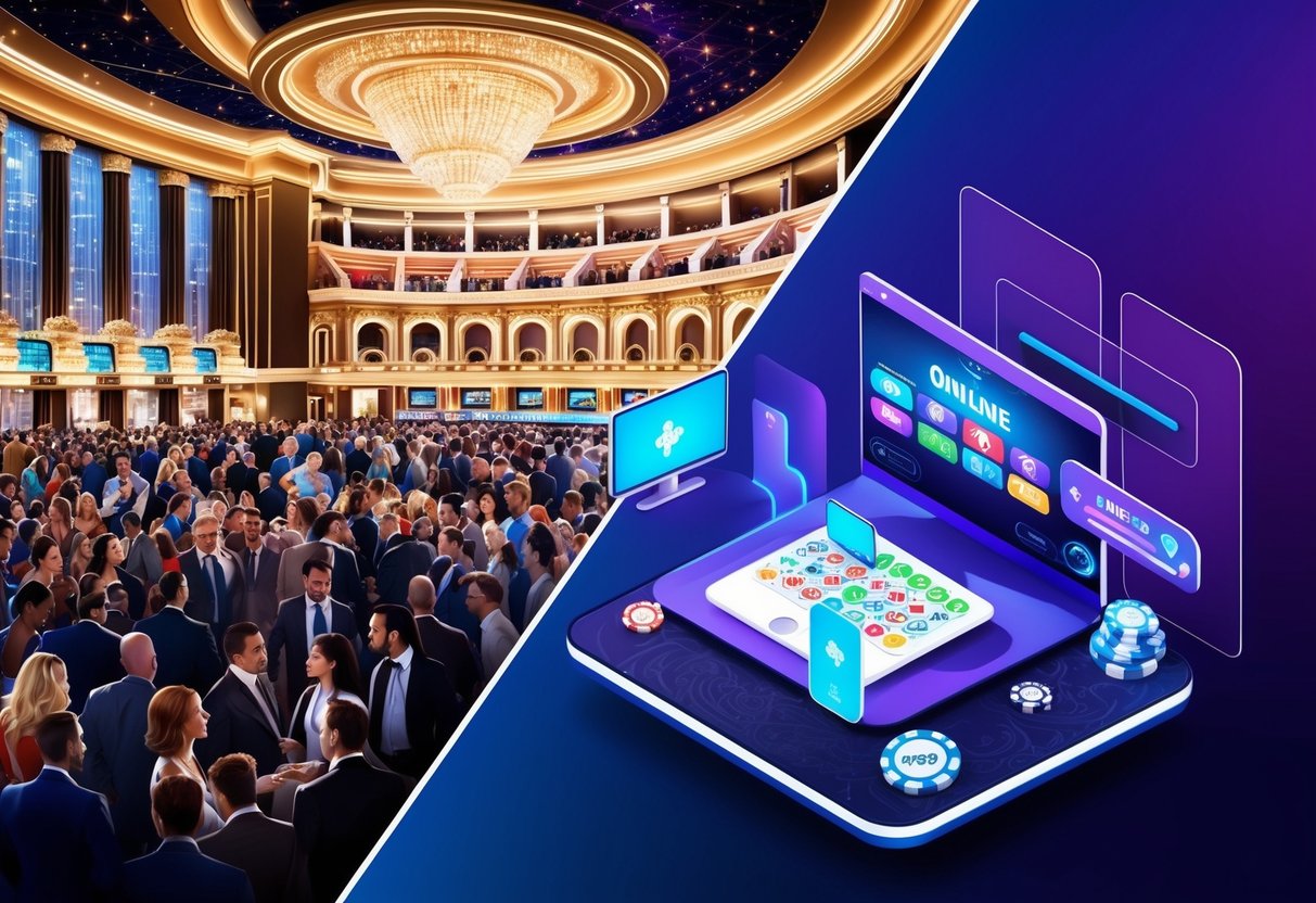 A physical casino with a grand opulent building and a lively crowd of people, contrasted with an elegant and modern online casino with digital interfaces and virtual games.