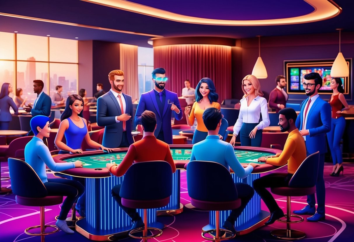 Un groupe d'avatars divers interagissent et discutent aux tables de casino virtuel, tandis que d'autres socialisent dans une zone de salon numérique.