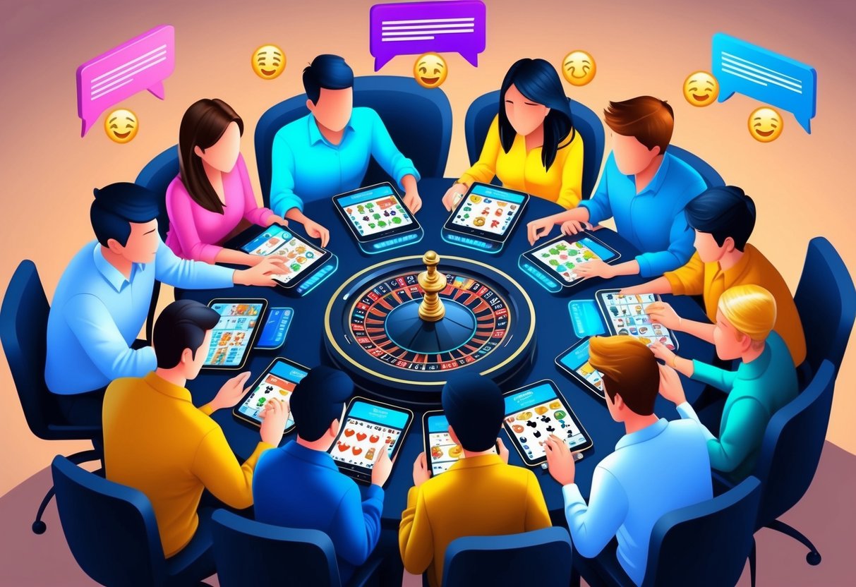 A group of people has gathered around their devices, engrossed in online casino games, with virtual chat boxes buzzing with conversations and emojis.