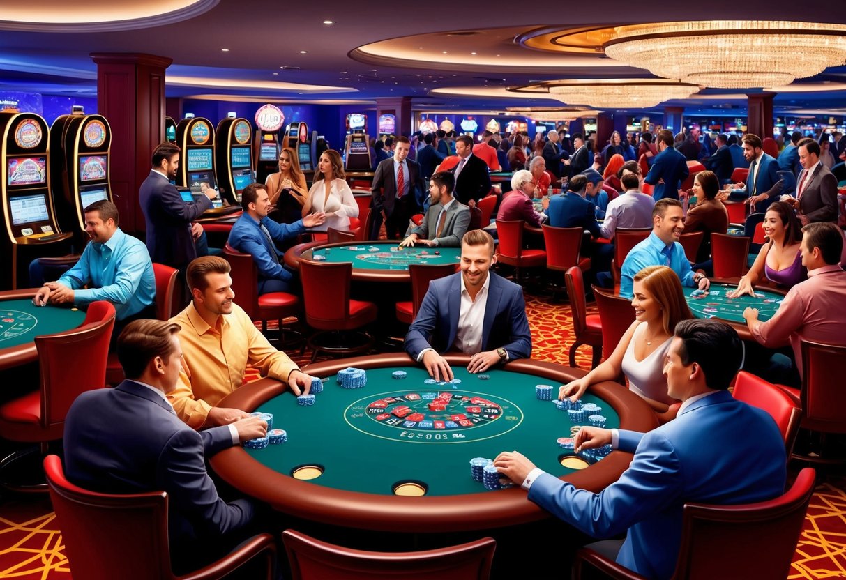 A lively casino with players interacting at tables and machines, exchanging chips and engaging in social conversations.