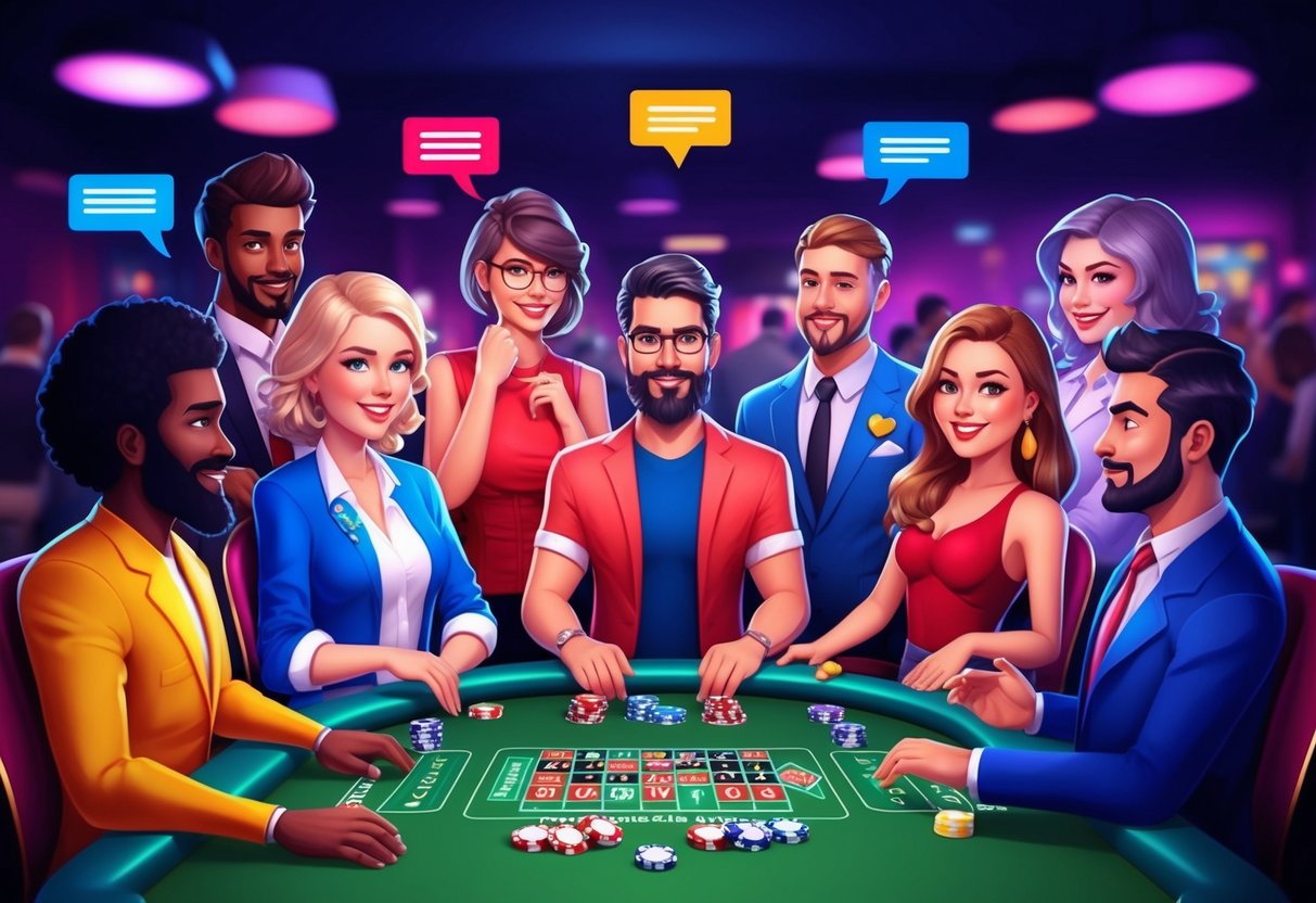 Un groupe d'avatars divers interagit et discute tout en jouant à des jeux sur une plateforme de casino en ligne.