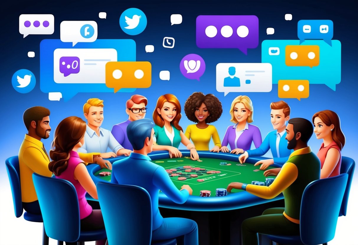 A group of diverse avatars gathers around a virtual casino table, chatting and interacting while playing games. The background displays various social media icons and chat bubbles, reinforcing the sense of community.