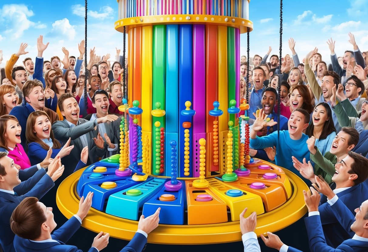 A colorful Plinko board suspended in the air, with a cascade of pegs and slots, surrounded by a crowd of enthusiastic spectators.