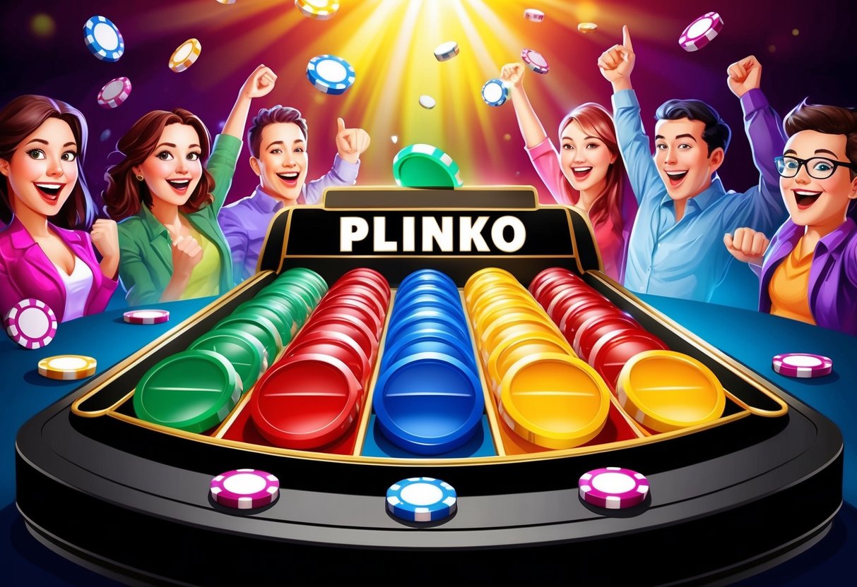 Un plateau Plinko coloré avec des lumières clignotantes et des jetons rebondissants, entouré de joueurs de casino en ligne excités