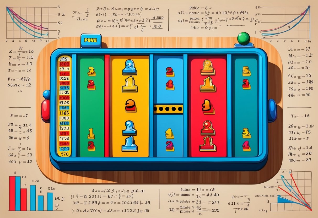 A colorful Plinko board with various prize slots, surrounded by mathematical equations and probability graphs