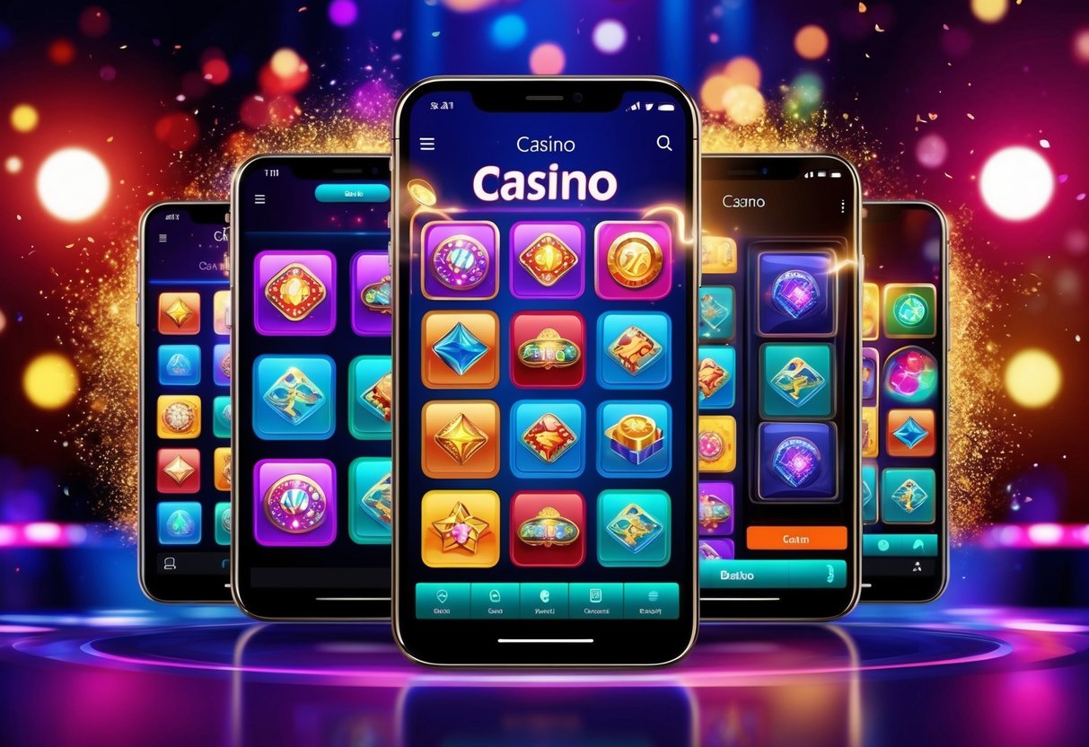 Une application mobile de casino vibrante avec des icônes de jeux colorées et une interface élégante, sur fond de lumières scintillantes et d'une atmosphère animée.