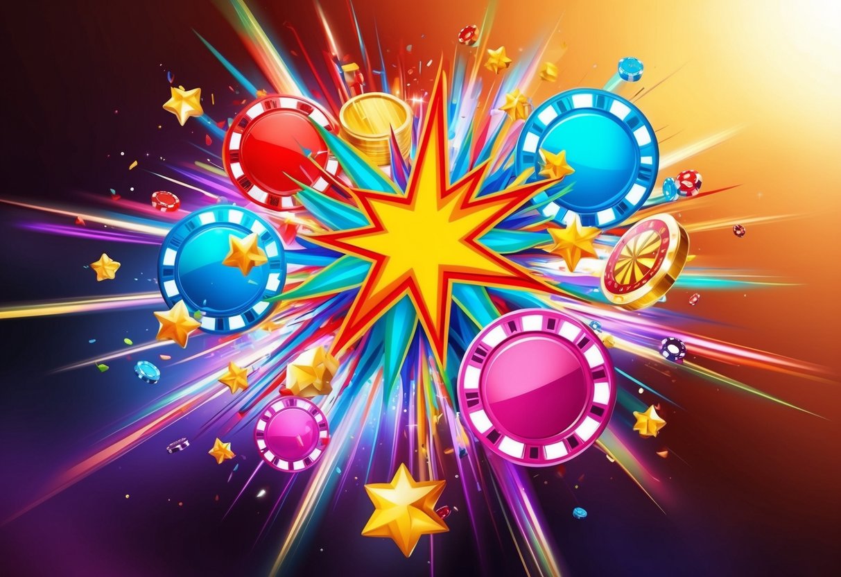 A colorful explosion of shooting stars and casino symbols on a mobile device screen