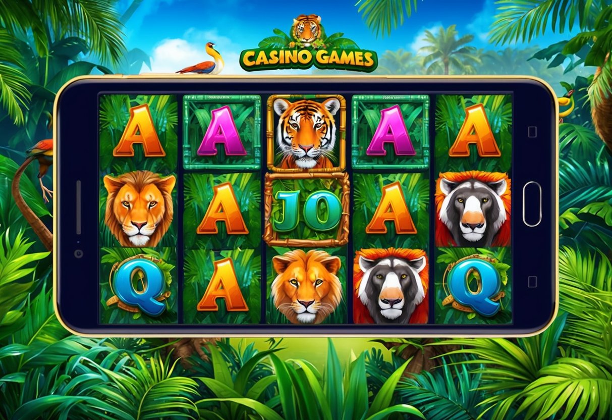 A colorful and vibrant mobile casino game with a jungle theme, featuring exotic animals and lush vegetation