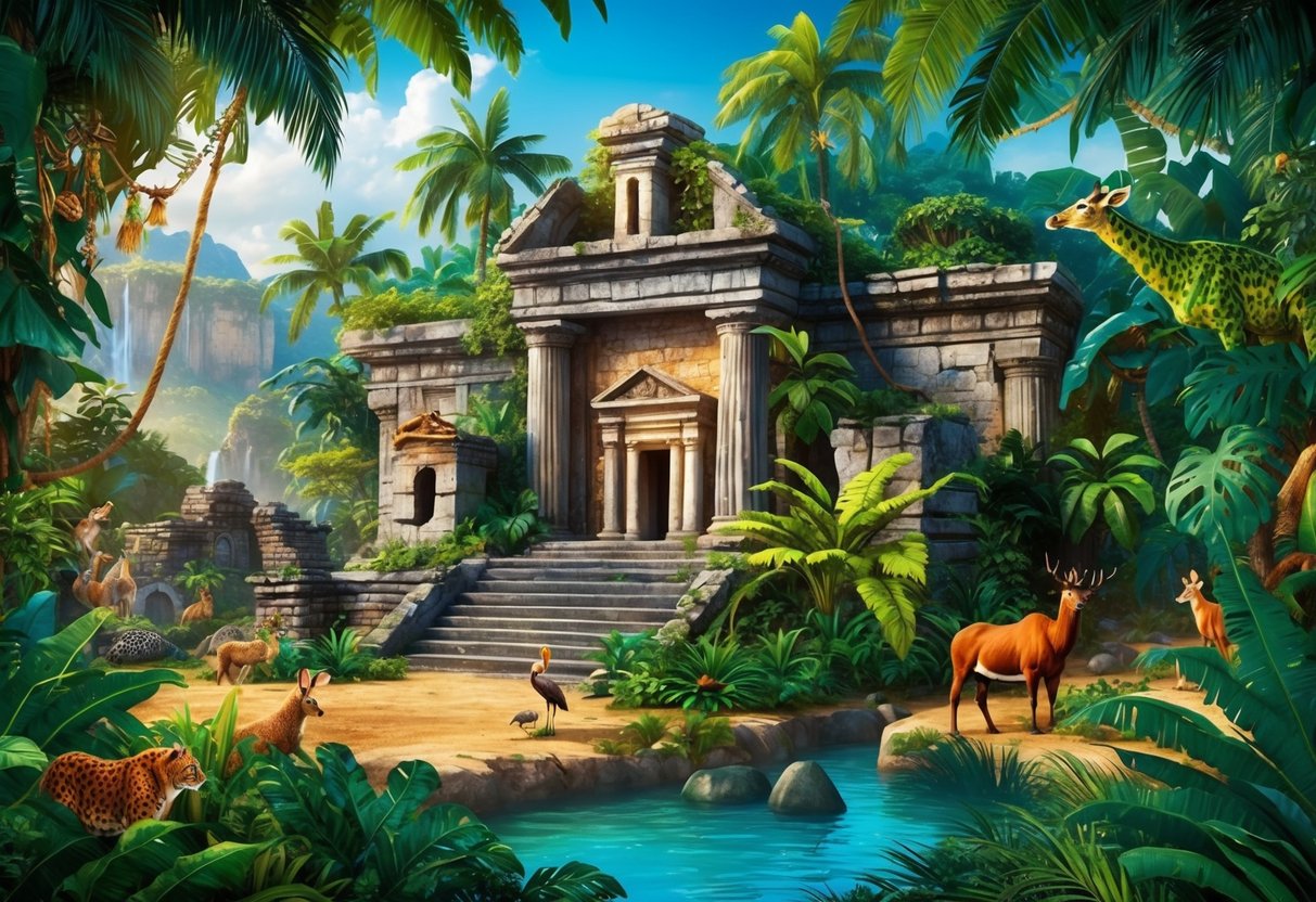 A colorful and adventurous jungle frame with ancient ruins and treasures, surrounded by lush vegetation and exotic wildlife.