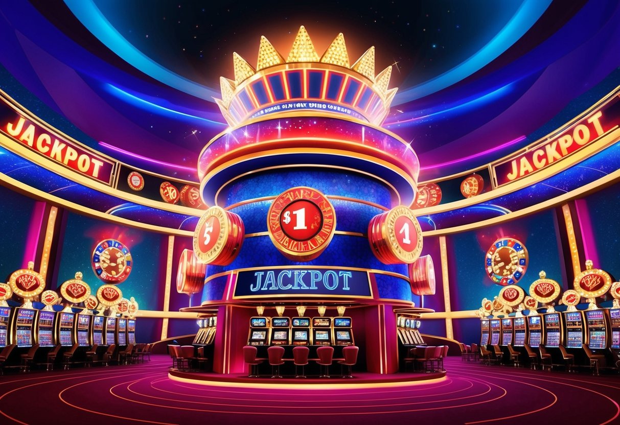 A massive vibrant casino with a huge glowing jackpot at the center