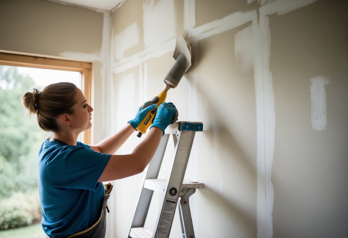 A person sanding and smoothing drywall seams, with a putty knife and sandpaper on a ladder, dust and debris being cleaned up