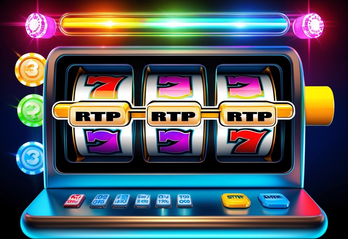 A slot machine with the RTP (Return to Player) percentage highlighted on the screen. Bright lights and colorful symbols