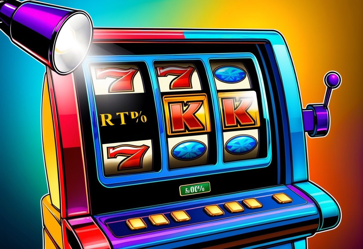 A colorful slot machine displaying the RTP percentage and various symbols, with a spotlight illuminating the RTP indicator