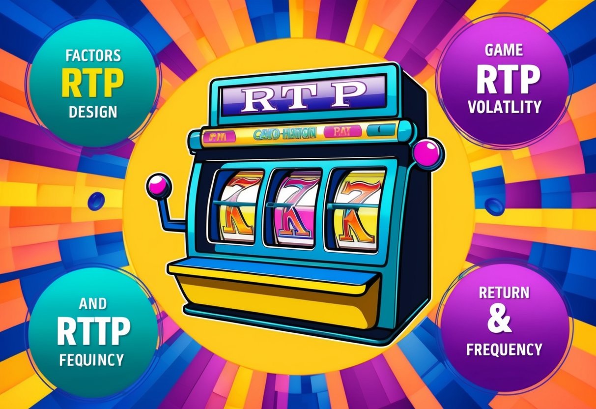 A colorful slot machine surrounded by various elements representing the factors affecting RTP, such as game design, volatility, and return frequency.