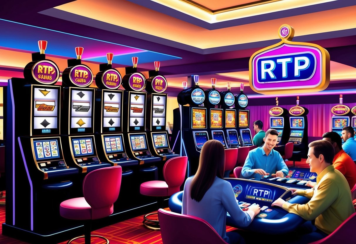 A vibrant casino setting with various slot machines and an RTP (Return to Player) sign prominently displayed. Customers are engaged in games.