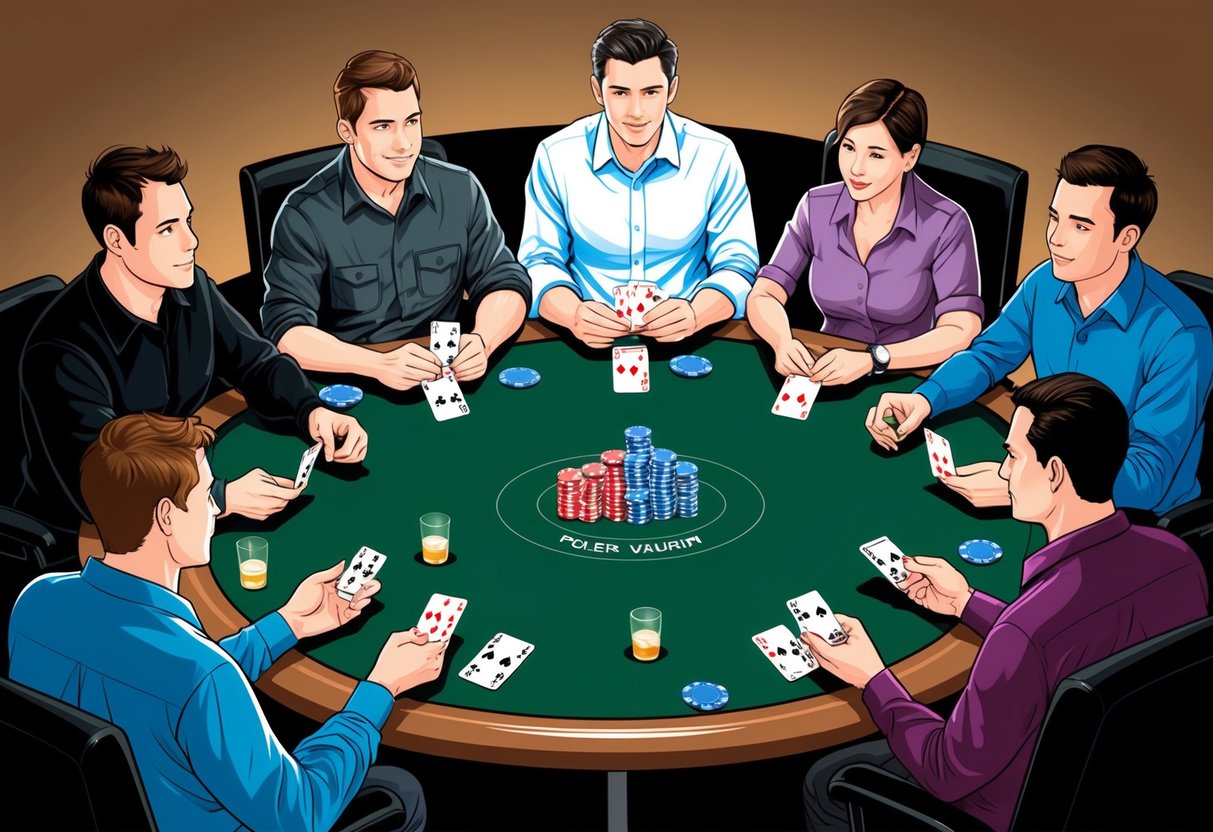 A group of players gathers around a table, each holding a hand of cards. Chips and drinks are scattered on the table as they discuss the rules of various poker variants.