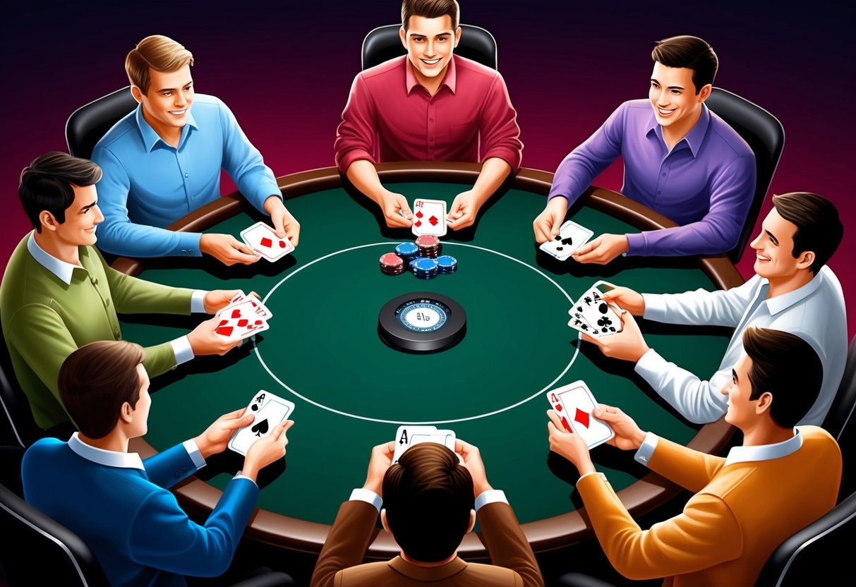 A group of players has gathered around a table, each holding a hand of cards, with poker chips and a dealer button in the center.