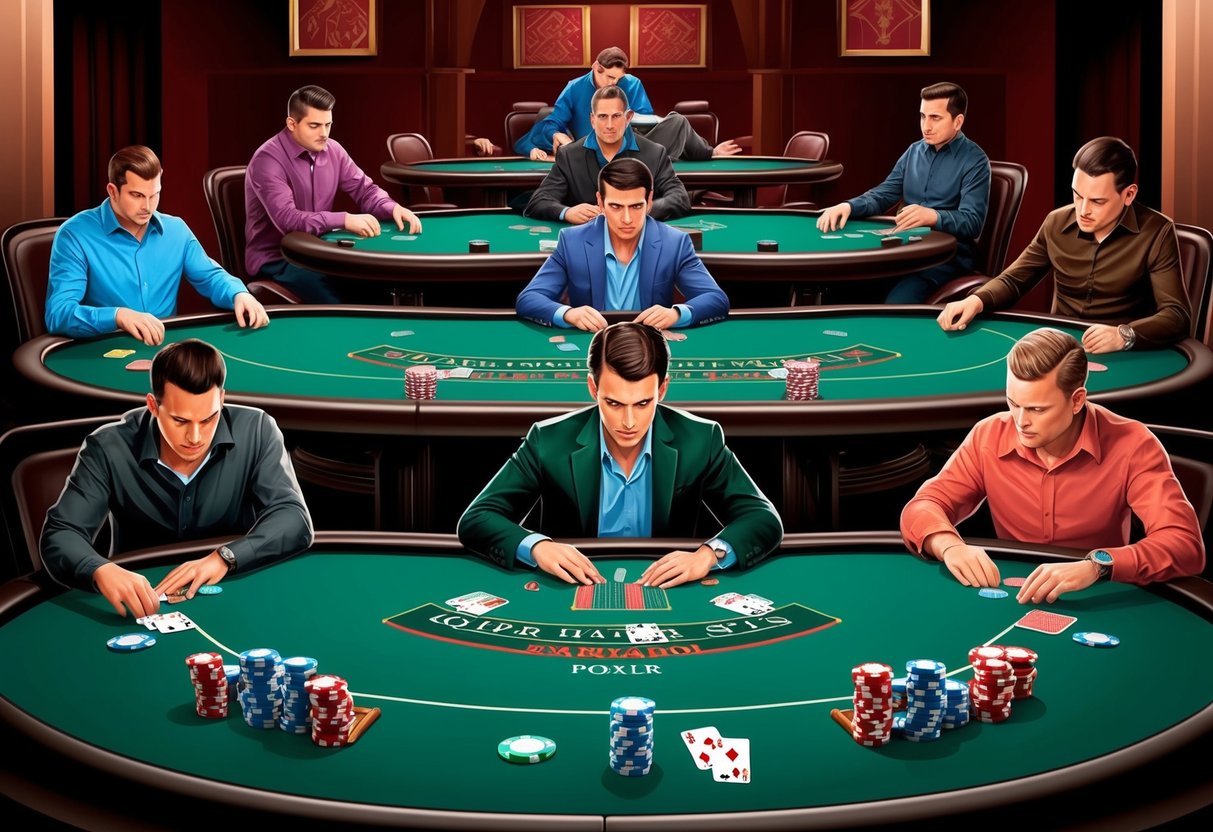 A group of poker tables with players engaged in different variants of the game, surrounded by cards, chips, and intense concentration.