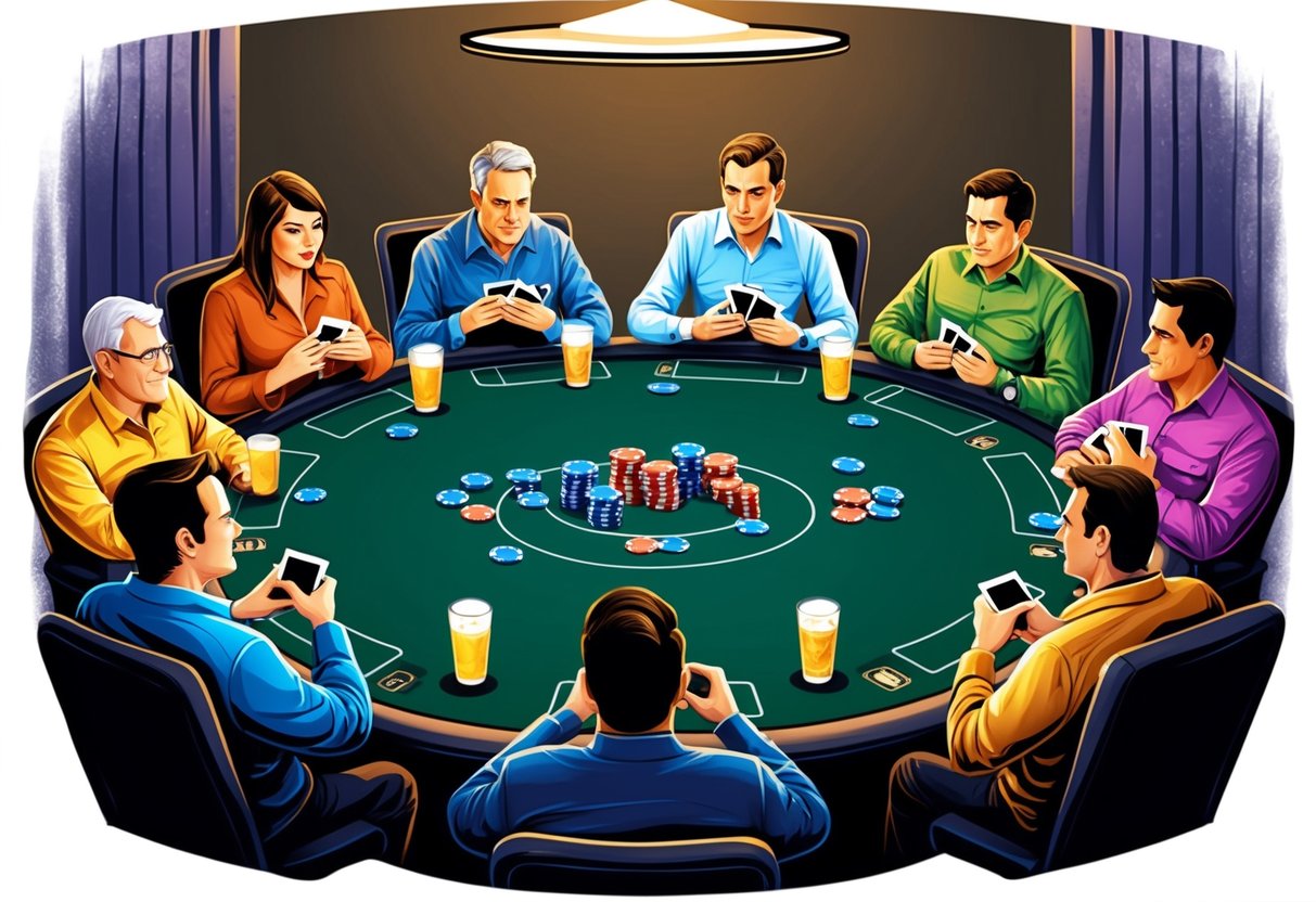 A group of players is sitting around a poker table, each holding their cards close to their chest. Chips and drinks are scattered on the table as the tension rises.