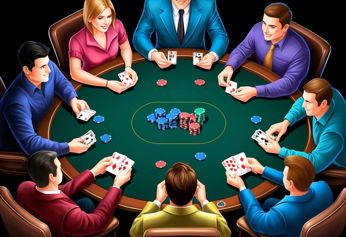 A group of poker players gather around a table, each holding a deck of cards. Chips and money are exchanged as the game begins.