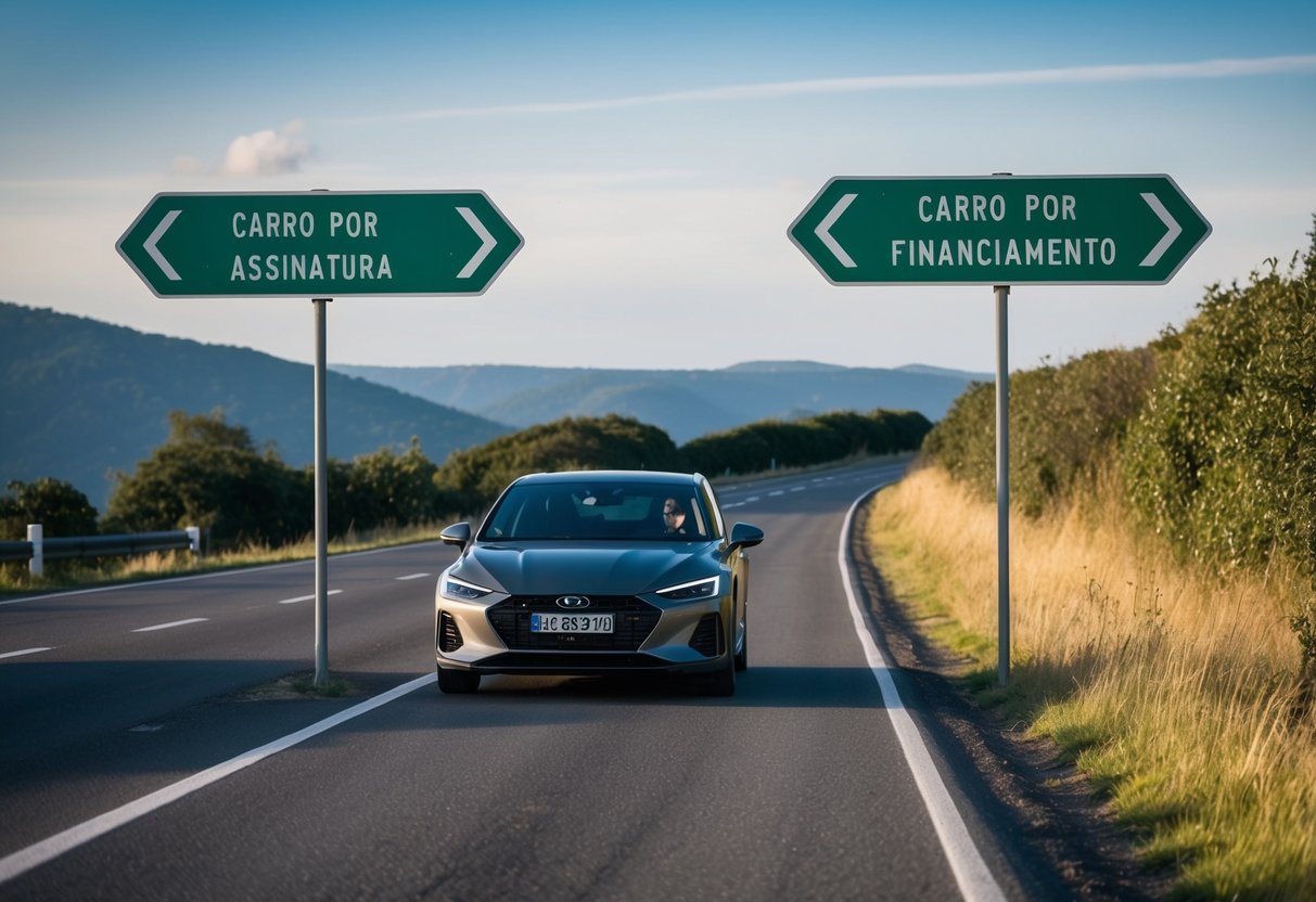 Um carro dirigindo por uma estrada cênica com uma placa mostrando duas setas apontando em direções diferentes, uma rotulada "Carro por Assinatura" e a outra "Financiamento".