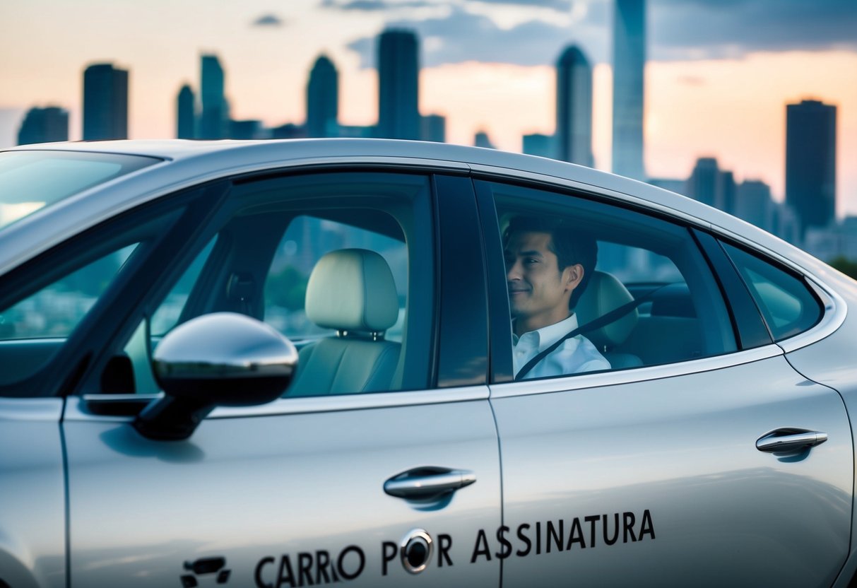 Uma pessoa dirigindo um carro moderno e elegante com um logo de "carro por assinatura" na lateral, cercada por um horizonte urbano.