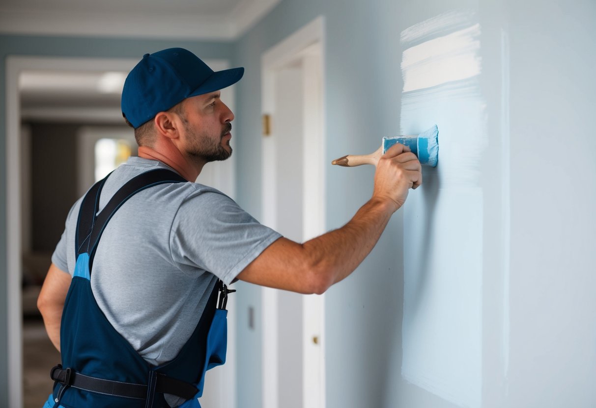 A professional painter meticulously applies layers of paint to a pristine wall, showcasing expert-level craftsmanship in a residential or commercial setting in Aurora