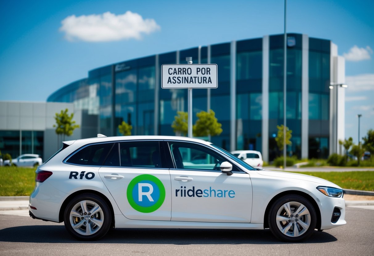 Um carro com um logo de aplicativo de carona ao lado, estacionado em frente a um edifício de escritórios moderno com uma placa escrita "Carro por Assinatura."