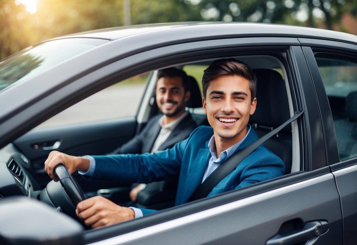 Um jovem motorista dirigindo feliz um carro recém-alugado, com um sorriso no rosto enquanto aproveita os benefícios de uma assinatura de veículo.