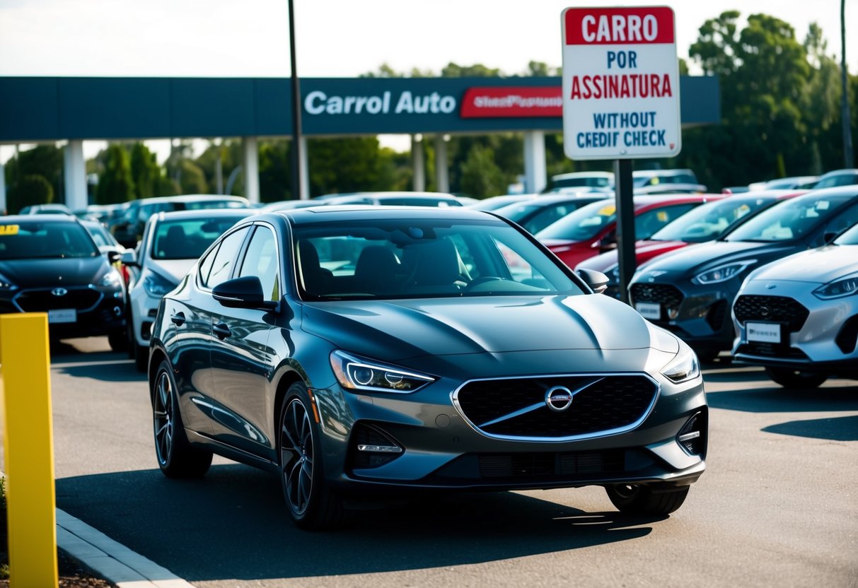 Um carro elegante saindo de um lote de concessionária, cercado por uma variedade de modelos de carros e uma placa anunciando "Carro por Assinatura" sem opções de verificação de crédito.