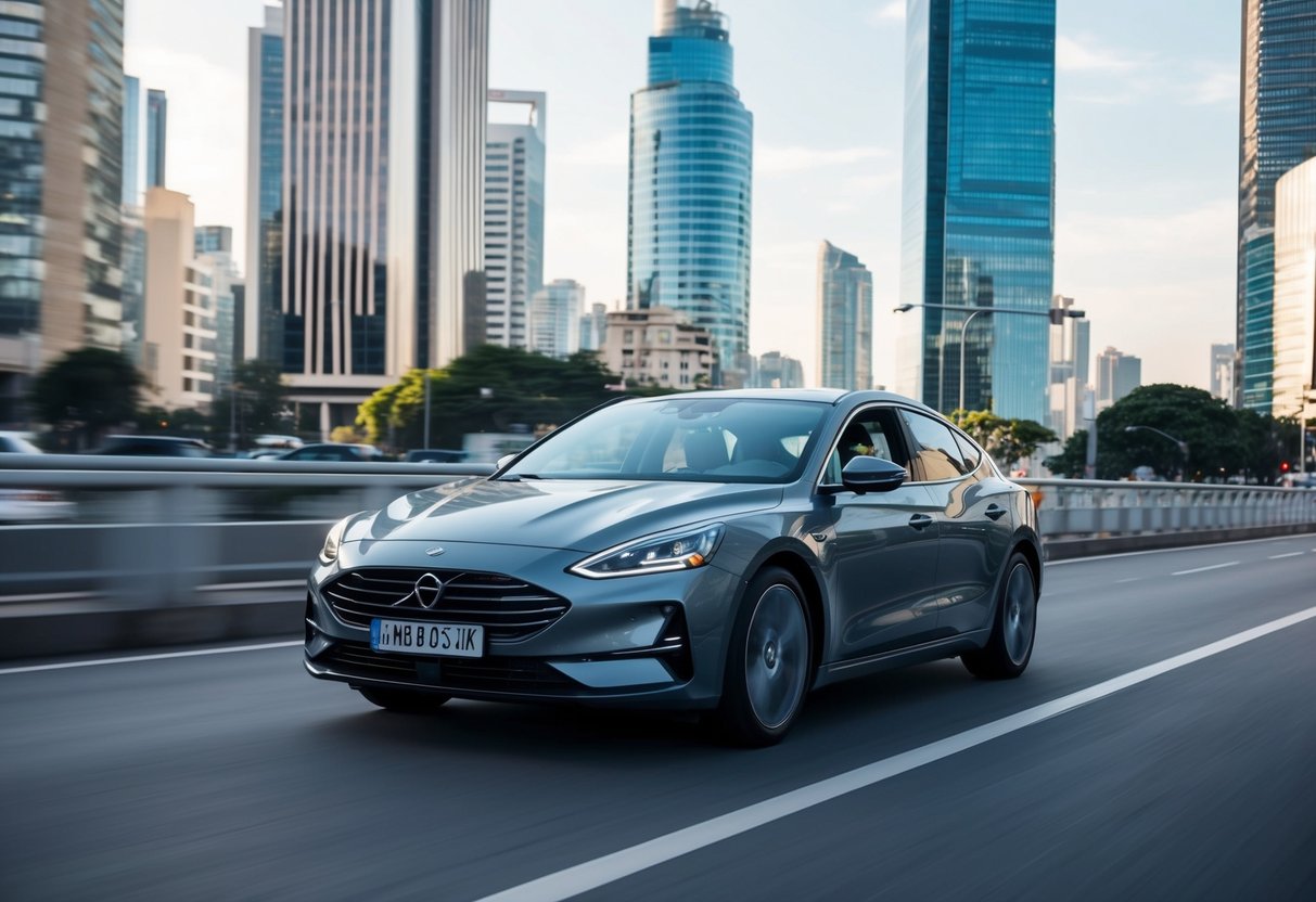 Um carro elegante e moderno dirigindo por uma cidade movimentada com arranha-céus ao fundo, destacando a crescente tendência dos serviços de assinatura de carros no Brasil.