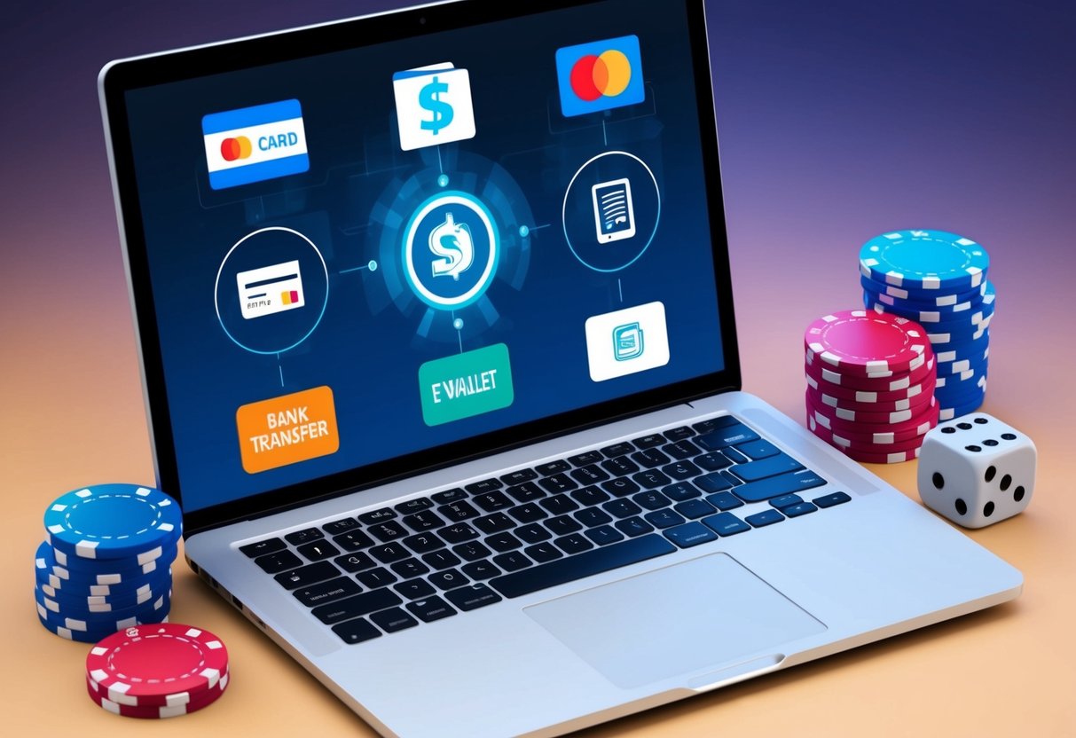 A laptop displaying various payment icons (credit card, e-wallet, bank transfer) on the screen, surrounded by casino chips and a dice.