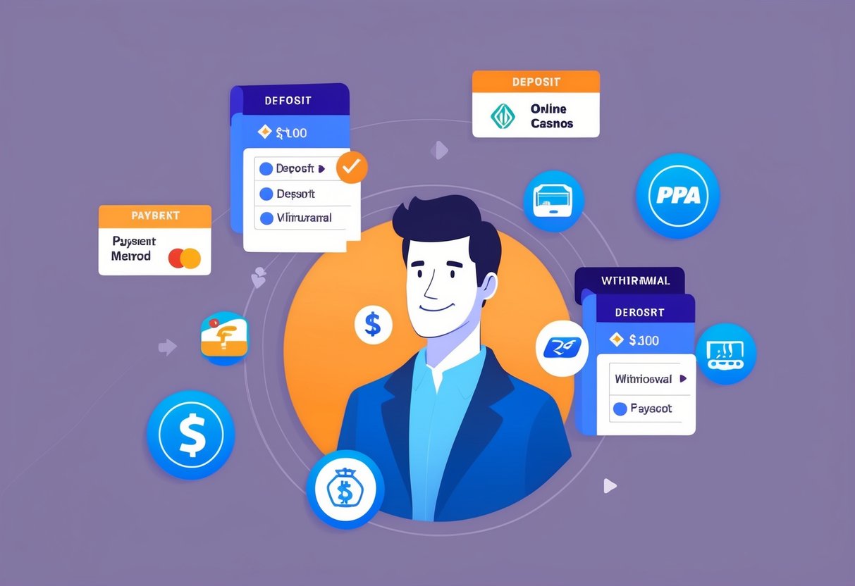 A person comparing various deposit and withdrawal options for online casinos, surrounded by icons and symbols representing different payment methods.