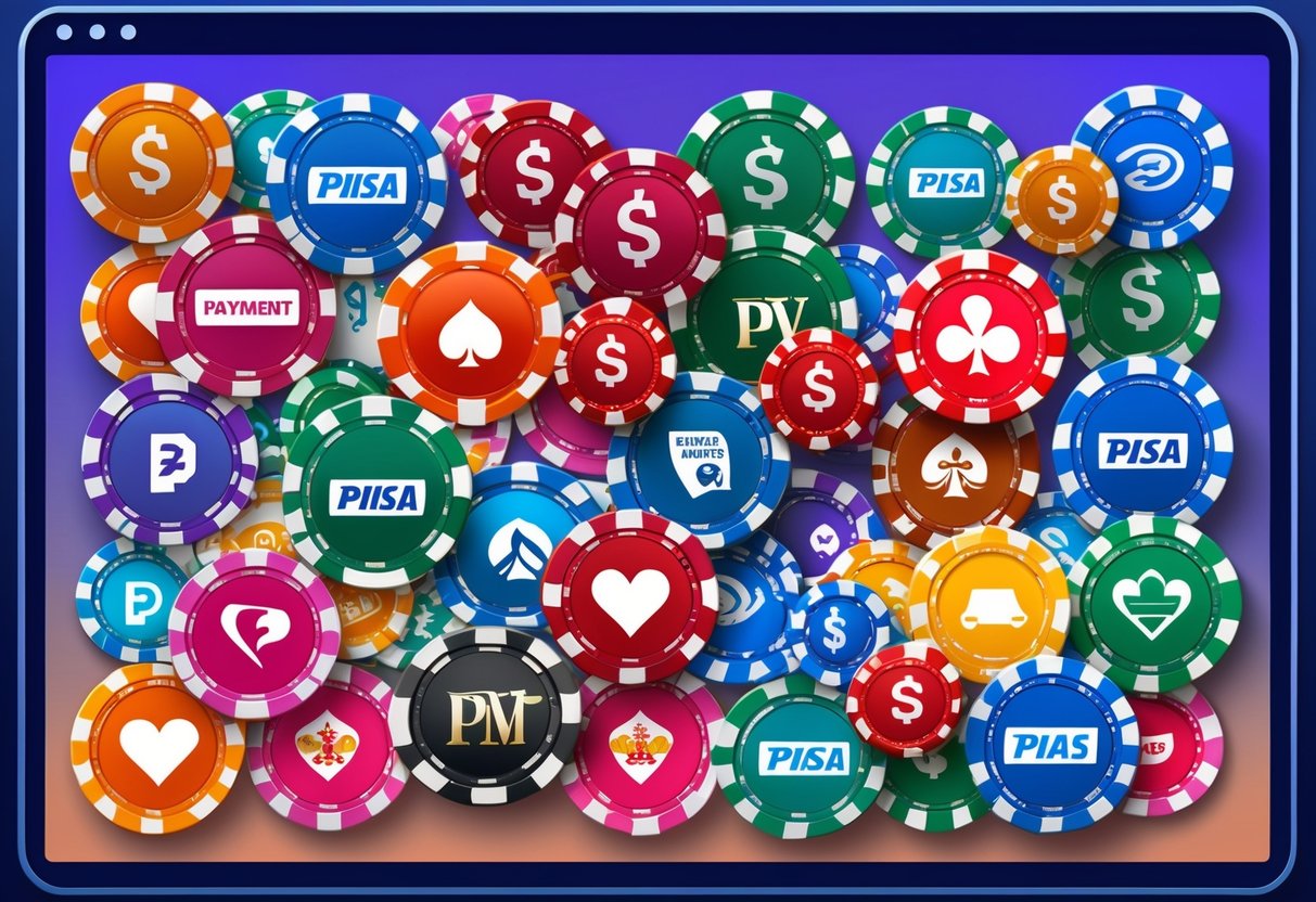 A colorful array of casino chips and various payment method logos displayed on a computer screen