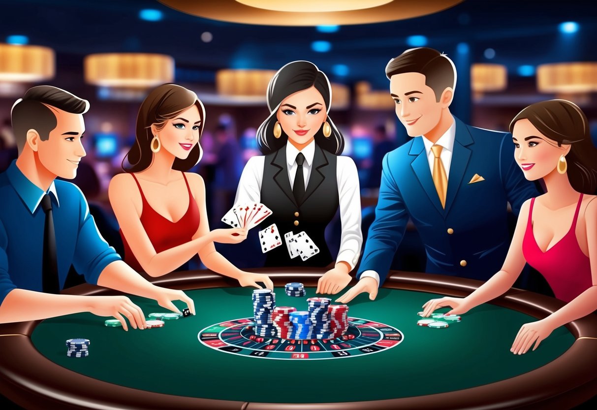 A casino table with players and a dealer, exchanging chips and cards, all with focused and attentive expressions.