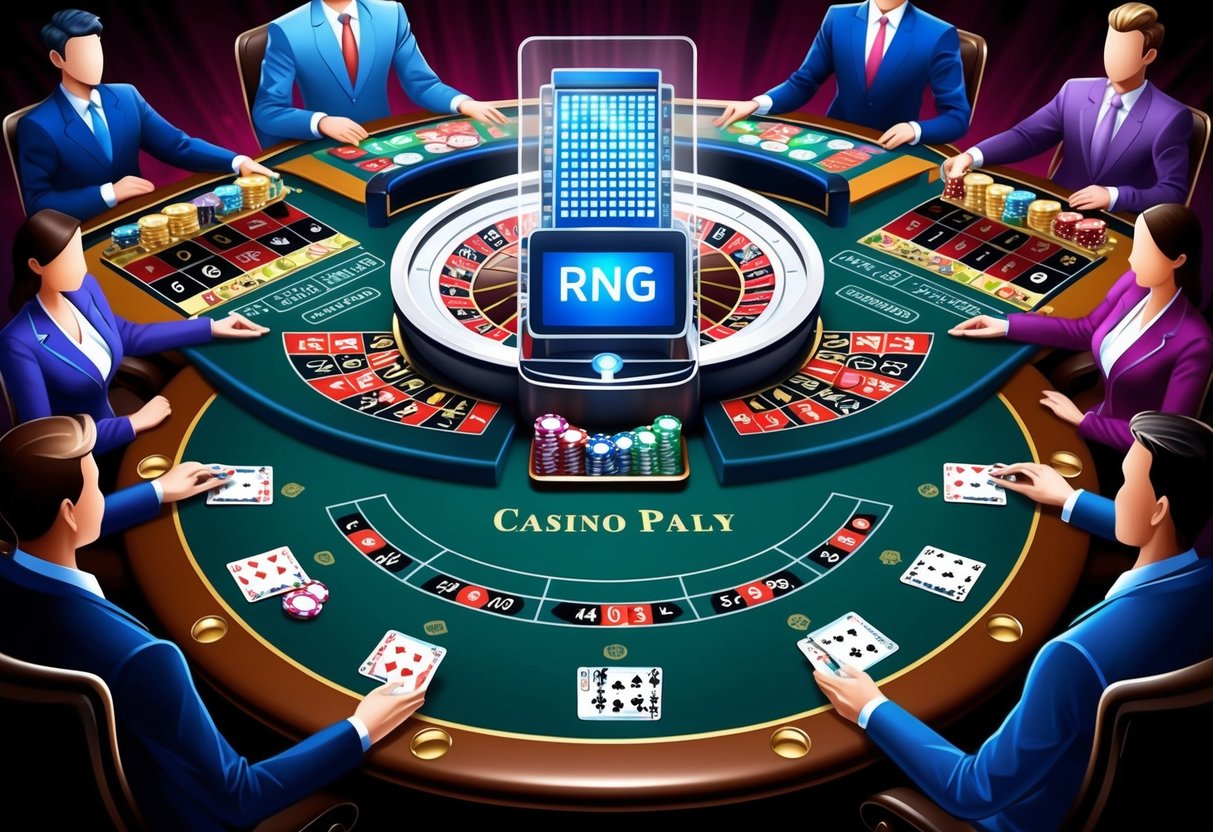 Une table de casino avec divers jeux, entourée de joueurs et de croupiers. Une machine RNG transparente se trouve en arrière-plan, garantissant un jeu équitable.