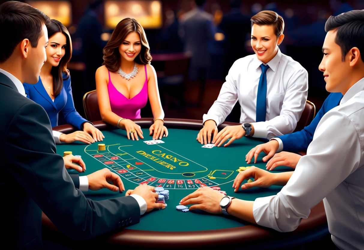 A casino table with a dealer and players, all engaged in a game. The dealer's hands are visible, and the players are focused on the game.