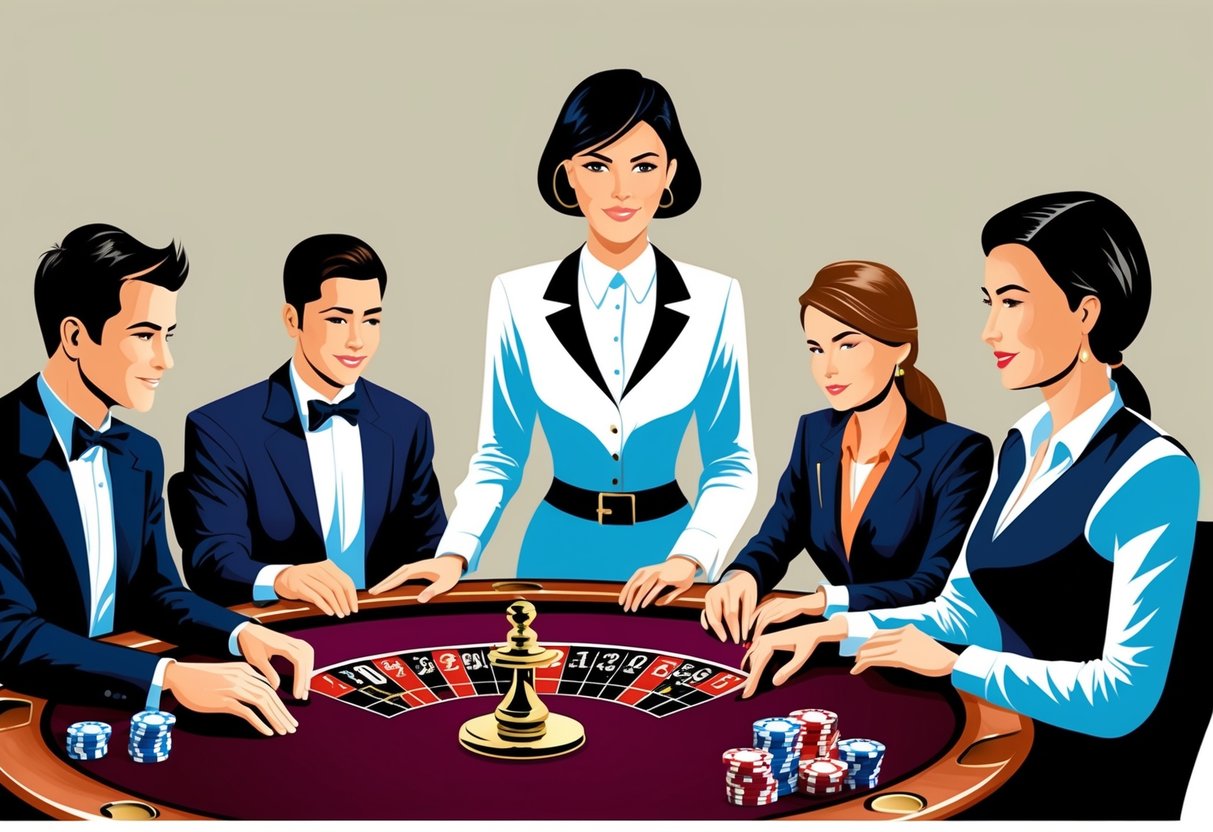 Une table de casino avec des joueurs et un croupier, tous engagés dans un jeu. Les joueurs sont concentrés et attentifs, tandis que le croupier adopte une attitude neutre et professionnelle.