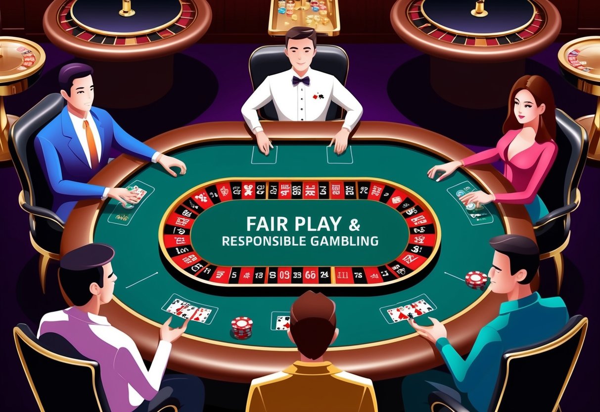 A casino table with players and a dealer showing fair play and responsible gambling